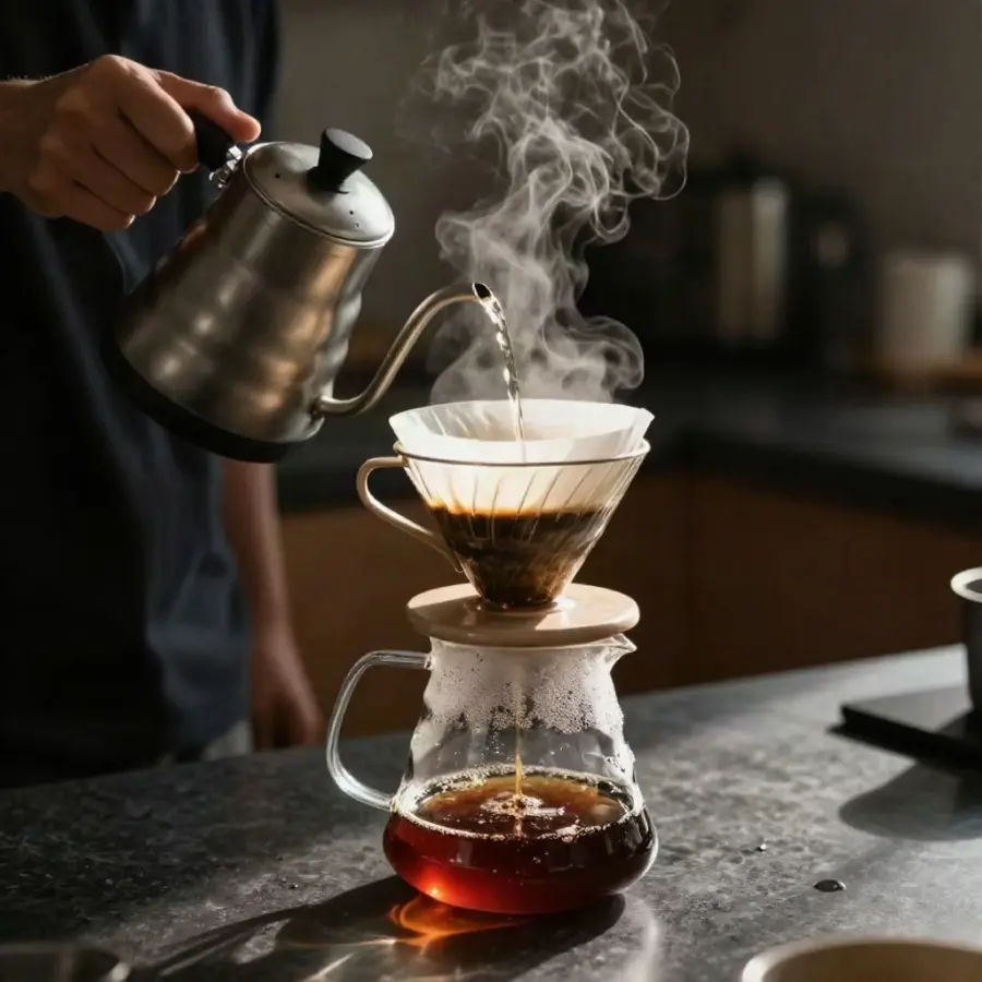 Cafea preparată la V60, turnată dintr-un ibric cu gât lung, cu aburi