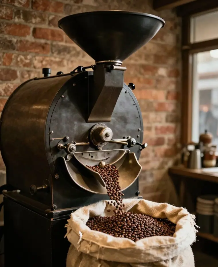 Prăjitorul de cafea vechi din atelierul Pârjol, cu boabe care curg într-un sac de iută